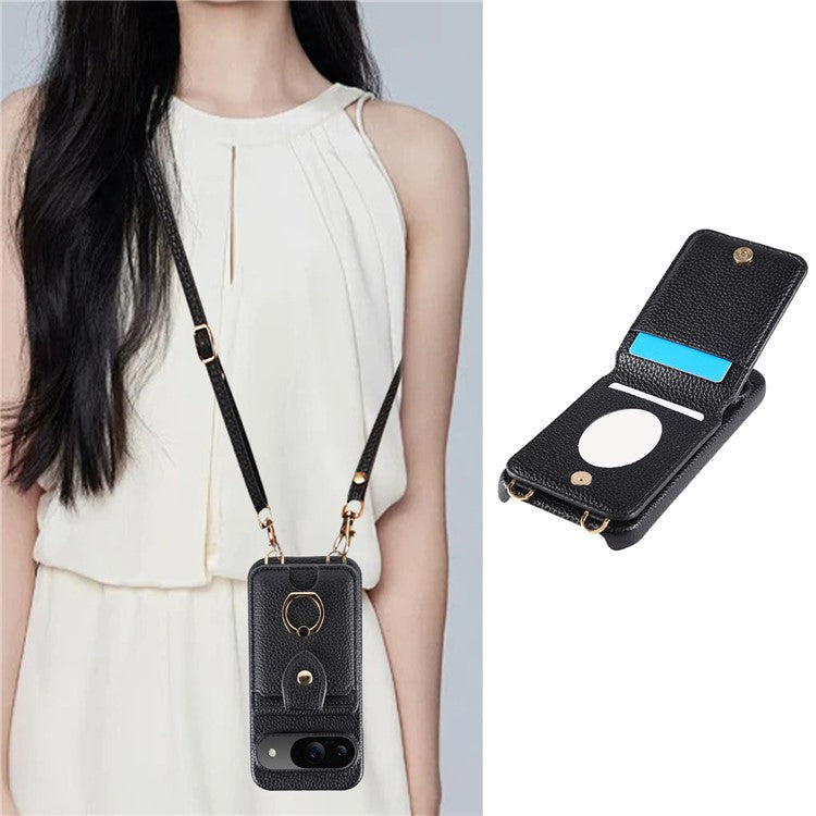 For Google Pixel 9 Case with Card Holder, Shoulder Strap PC+TPU Ring Kickstand Phone Back Cover - Black
