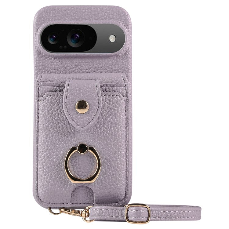 For Google Pixel 9 Case with Card Holder, Shoulder Strap PC+TPU Ring Kickstand Phone Back Cover - Purplish