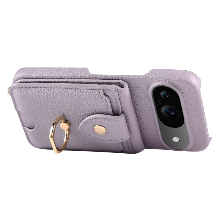 For Google Pixel 9 Case with Card Holder, Shoulder Strap PC+TPU Ring Kickstand Phone Back Cover - Purplish
