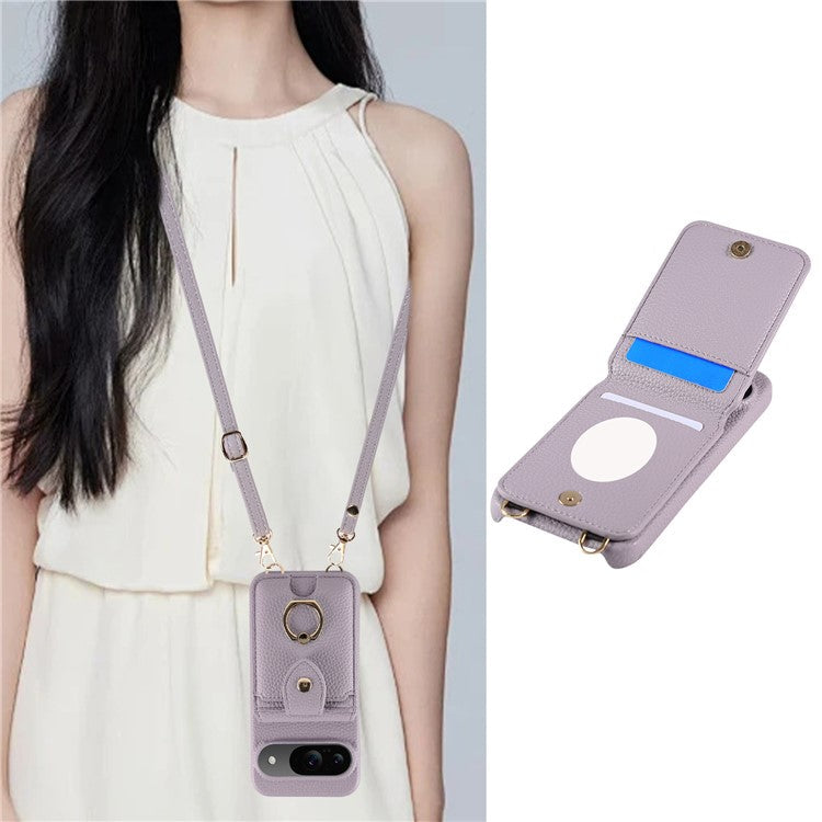 For Google Pixel 9 Case with Card Holder, Shoulder Strap PC+TPU Ring Kickstand Phone Back Cover - Purplish