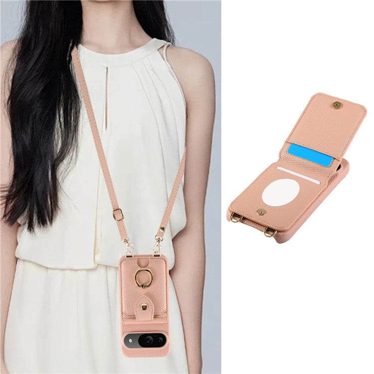 For Google Pixel 9 Case with Card Holder, Shoulder Strap PC+TPU Ring Kickstand Phone Back Cover - Flesh