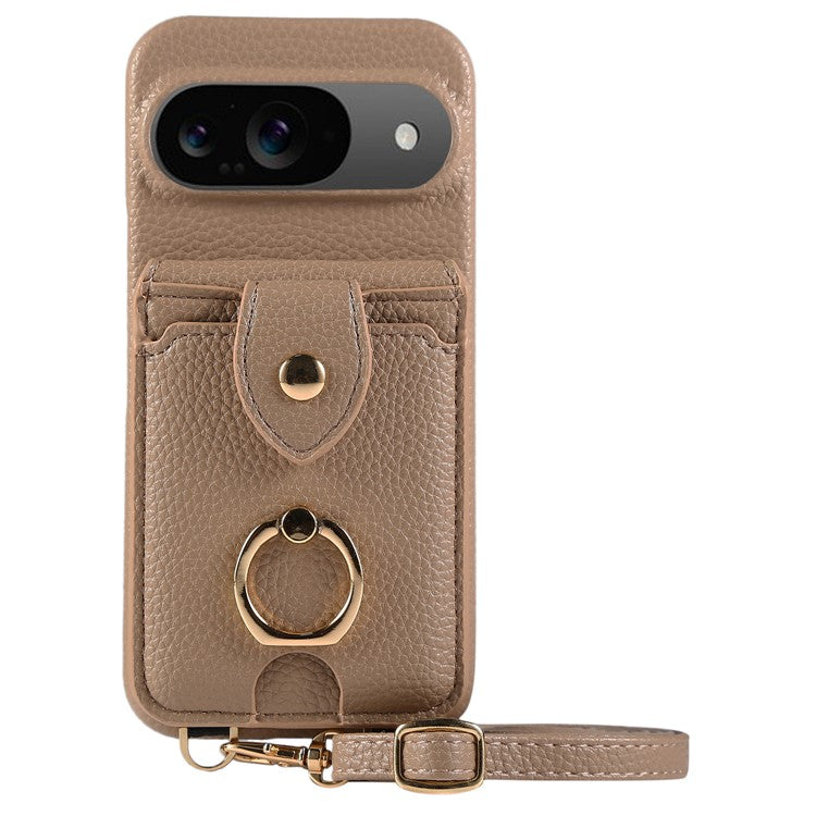 For Google Pixel 9 Case with Card Holder, Shoulder Strap PC+TPU Ring Kickstand Phone Back Cover - Light Tan