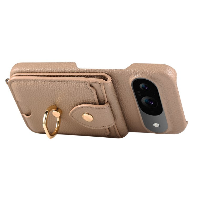 For Google Pixel 9 Case with Card Holder, Shoulder Strap PC+TPU Ring Kickstand Phone Back Cover - Light Tan