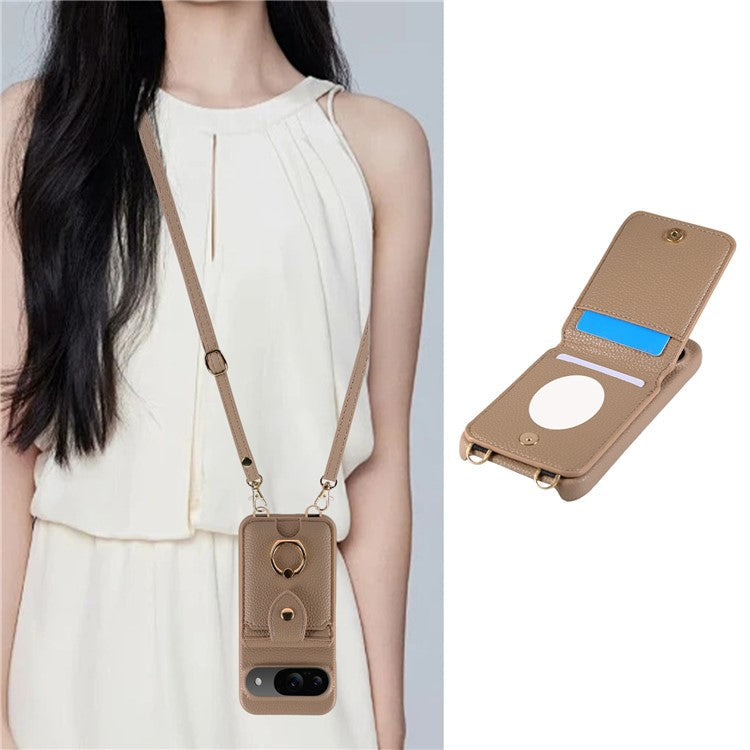 For Google Pixel 9 Case with Card Holder, Shoulder Strap PC+TPU Ring Kickstand Phone Back Cover - Light Tan