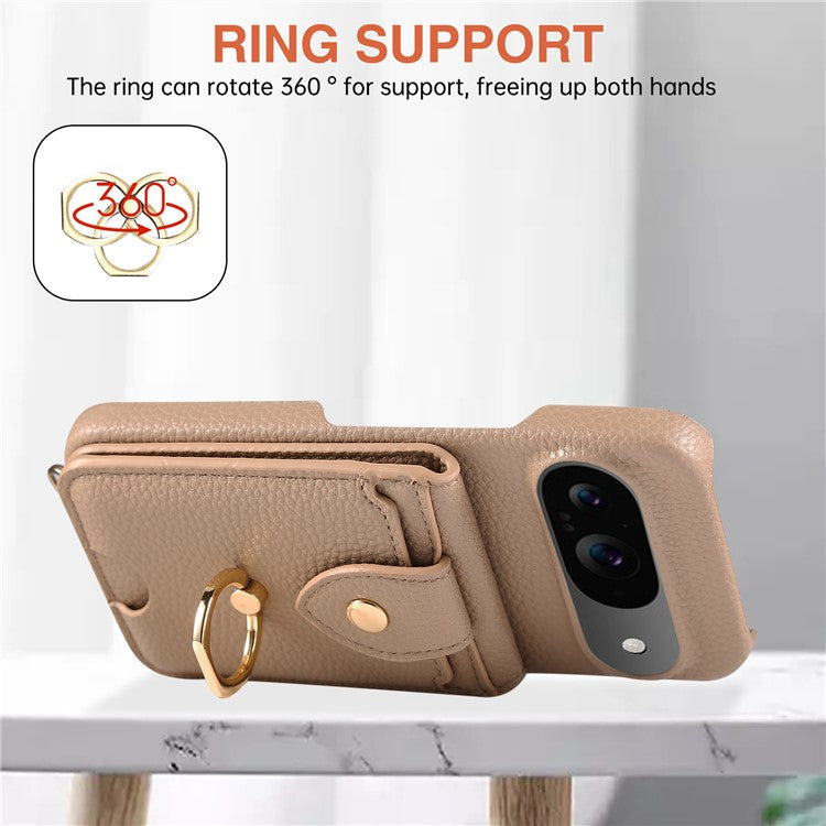 For Google Pixel 9 Case with Card Holder, Shoulder Strap PC+TPU Ring Kickstand Phone Back Cover - Light Tan