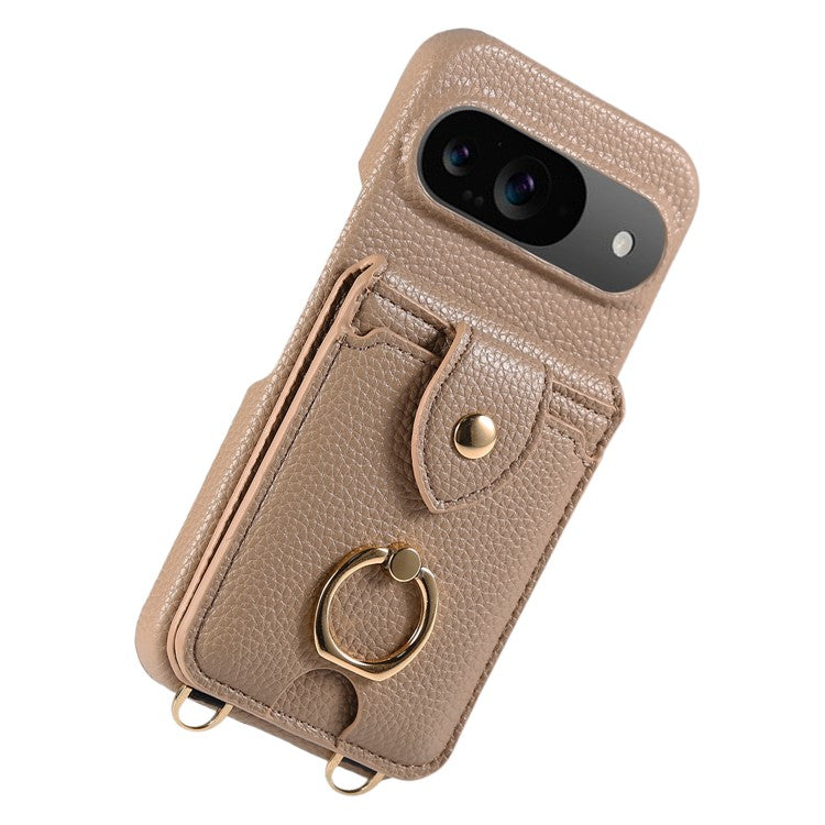For Google Pixel 9 Case with Card Holder, Shoulder Strap PC+TPU Ring Kickstand Phone Back Cover - Light Tan