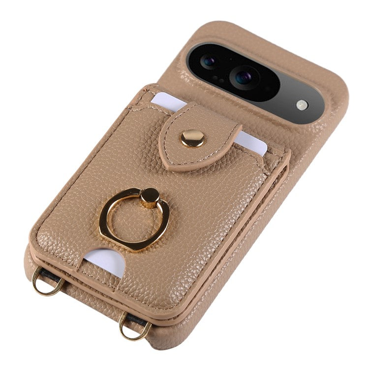 For Google Pixel 9 Case with Card Holder, Shoulder Strap PC+TPU Ring Kickstand Phone Back Cover - Light Tan