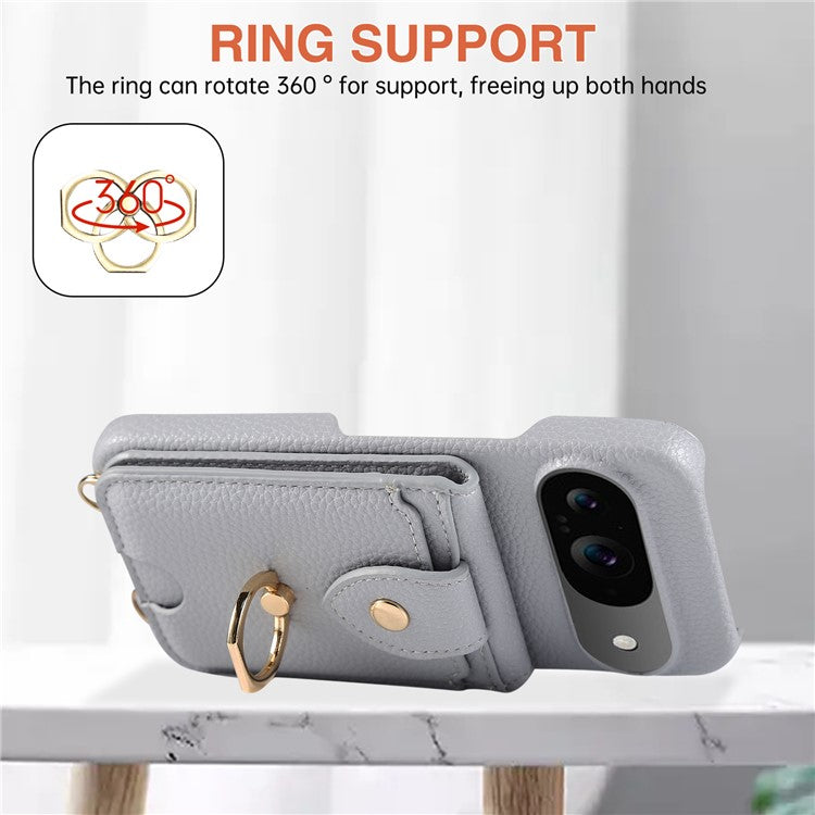 For Google Pixel 9 Case with Card Holder, Shoulder Strap PC+TPU Ring Kickstand Phone Back Cover - Grey Blue