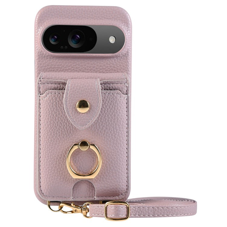 For Google Pixel 9 Case with Card Holder, Shoulder Strap PC+TPU Ring Kickstand Phone Back Cover - Purple
