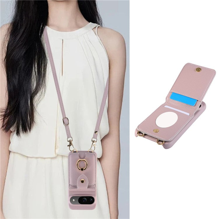 For Google Pixel 9 Case with Card Holder, Shoulder Strap PC+TPU Ring Kickstand Phone Back Cover - Purple