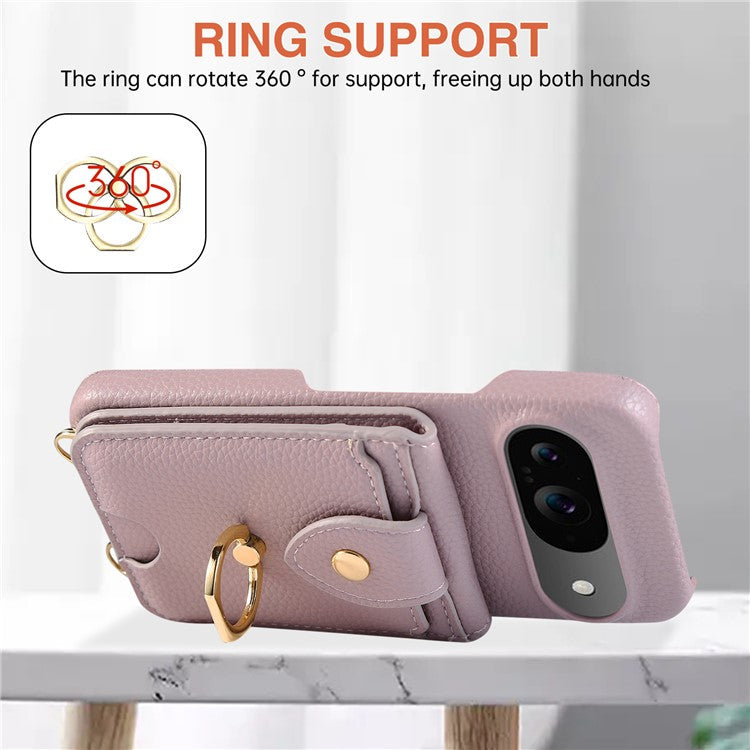 For Google Pixel 9 Case with Card Holder, Shoulder Strap PC+TPU Ring Kickstand Phone Back Cover - Purple