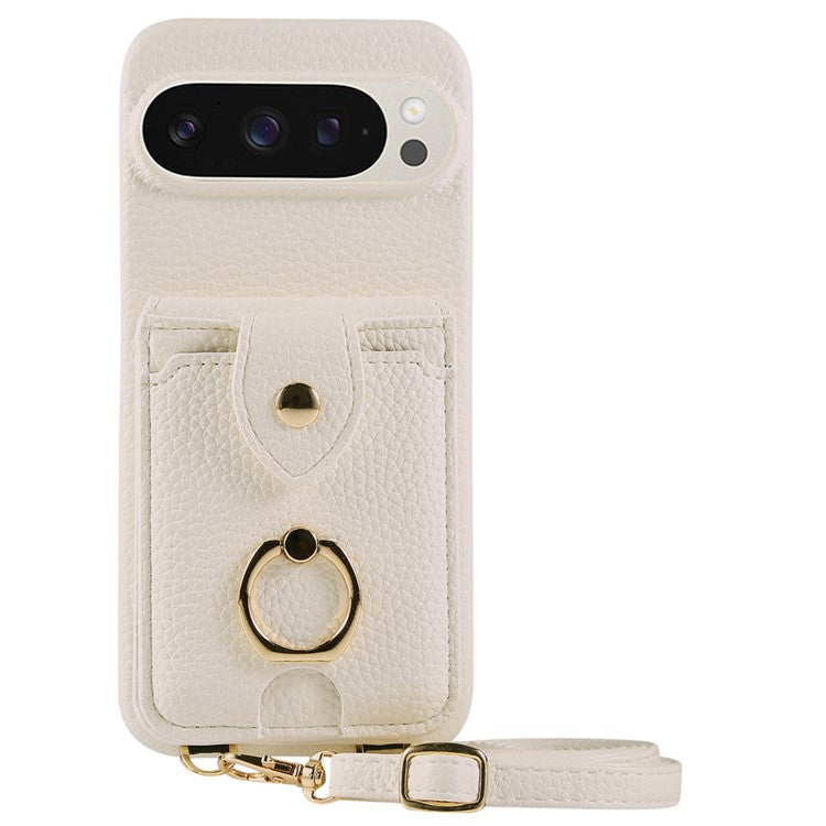 For Google Pixel 9 Pro XL / 9 Pro Case with Card Holder, Shoulder Strap PC+TPU Ring Kickstand Phone Back Cover - White