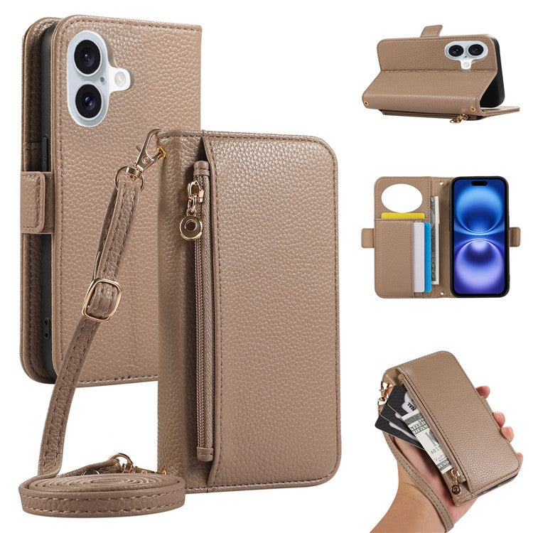 For iPhone 16 Wallet Phone Case Shockproof TPU+PU Leather Flip Cover with Mirror, Strap - Khaki