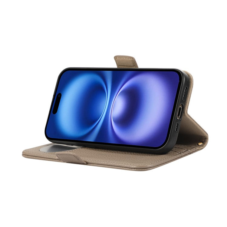 For iPhone 16 Wallet Phone Case Shockproof TPU+PU Leather Flip Cover with Mirror, Strap - Khaki