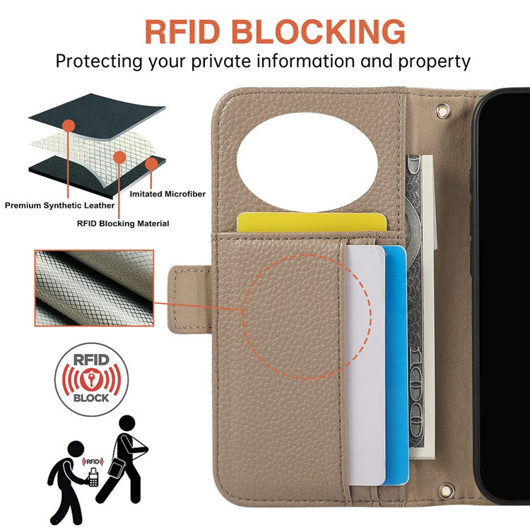 For iPhone 16 Wallet Phone Case Shockproof TPU+PU Leather Flip Cover with Mirror, Strap - Khaki