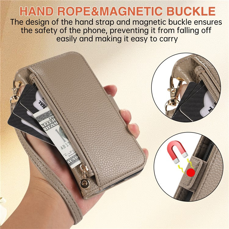 For iPhone 16 Wallet Phone Case Shockproof TPU+PU Leather Flip Cover with Mirror, Strap - Khaki