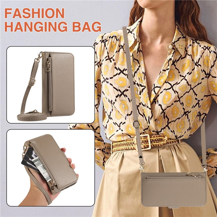 For iPhone 16 Wallet Phone Case Shockproof TPU+PU Leather Flip Cover with Mirror, Strap - Khaki