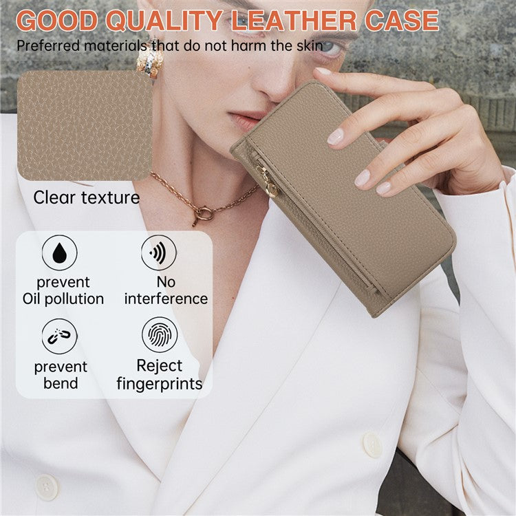 For iPhone 16 Wallet Phone Case Shockproof TPU+PU Leather Flip Cover with Mirror, Strap - Khaki