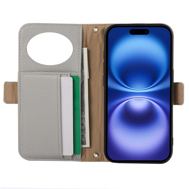 For iPhone 16 Plus Wallet Phone Case Shockproof TPU+PU Leather Flip Cover with Mirror, Strap - Grey Blue
