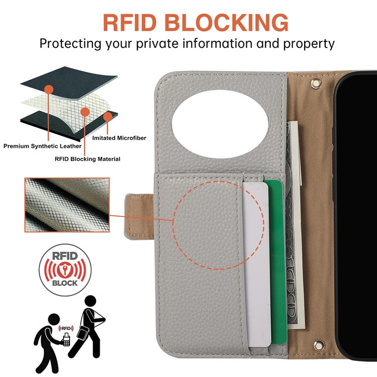 For iPhone 16 Plus Wallet Phone Case Shockproof TPU+PU Leather Flip Cover with Mirror, Strap - Grey Blue