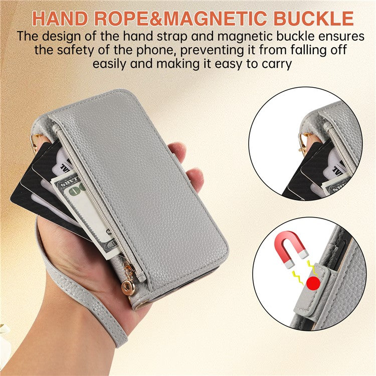 For iPhone 16 Plus Wallet Phone Case Shockproof TPU+PU Leather Flip Cover with Mirror, Strap - Grey Blue