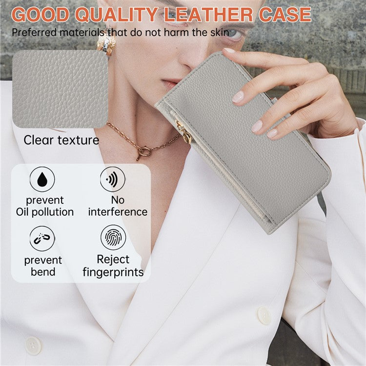 For iPhone 16 Plus Wallet Phone Case Shockproof TPU+PU Leather Flip Cover with Mirror, Strap - Grey Blue