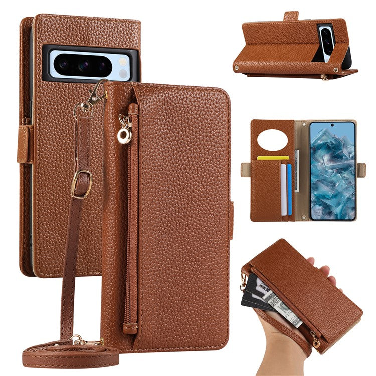 For Google Pixel 8 Pro Wallet Phone Case Shockproof TPU+PU Leather Flip Cover with Mirror, Strap - Brown