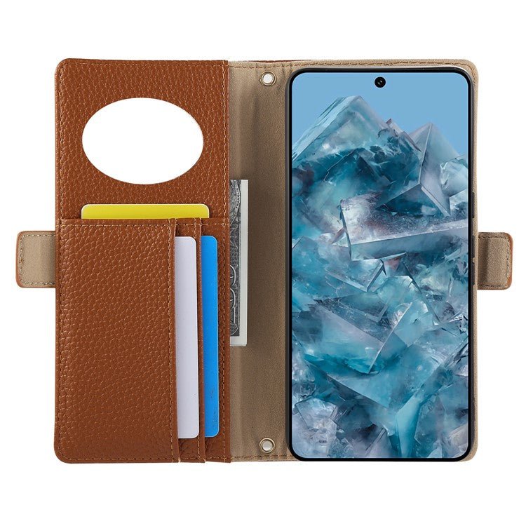 For Google Pixel 8 Pro Wallet Phone Case Shockproof TPU+PU Leather Flip Cover with Mirror, Strap - Brown