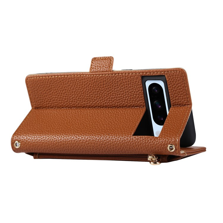 For Google Pixel 8 Pro Wallet Phone Case Shockproof TPU+PU Leather Flip Cover with Mirror, Strap - Brown