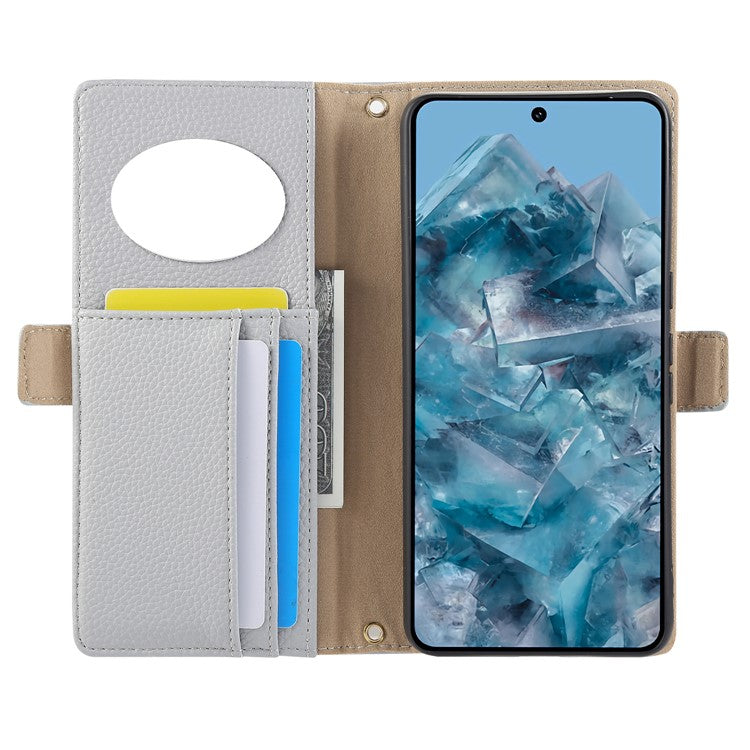 For Google Pixel 8 Pro Wallet Phone Case Shockproof TPU+PU Leather Flip Cover with Mirror, Strap - Grey Blue