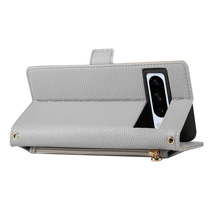 For Google Pixel 8 Pro Wallet Phone Case Shockproof TPU+PU Leather Flip Cover with Mirror, Strap - Grey Blue