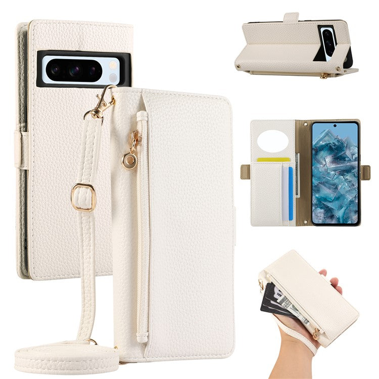 For Google Pixel 8 Pro Wallet Phone Case Shockproof TPU+PU Leather Flip Cover with Mirror, Strap - White