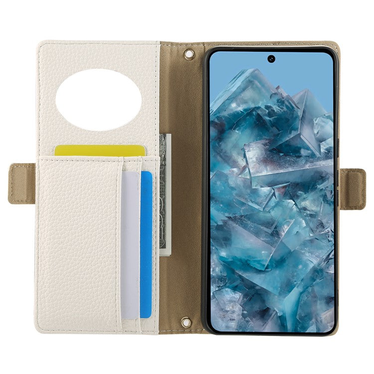 For Google Pixel 8 Pro Wallet Phone Case Shockproof TPU+PU Leather Flip Cover with Mirror, Strap - White