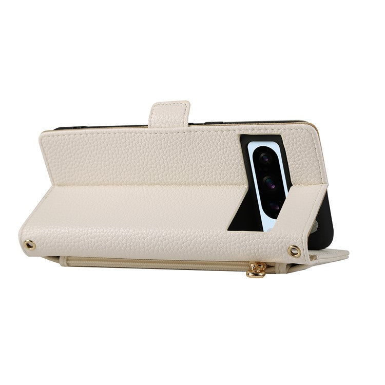 For Google Pixel 8 Pro Wallet Phone Case Shockproof TPU+PU Leather Flip Cover with Mirror, Strap - White