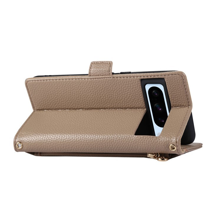 For Google Pixel 8 Pro Wallet Phone Case Shockproof TPU+PU Leather Flip Cover with Mirror, Strap - Khaki