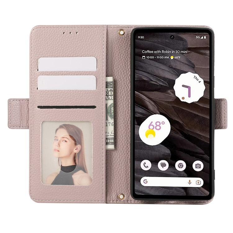 For Google Pixel 7a Leather Case with Card Holder, Straps, Shockproof Wallet Phone Cover - Purple