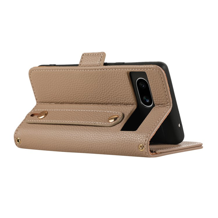 For Google Pixel 7a Leather Case with Card Holder, Straps, Shockproof Wallet Phone Cover - Khaki