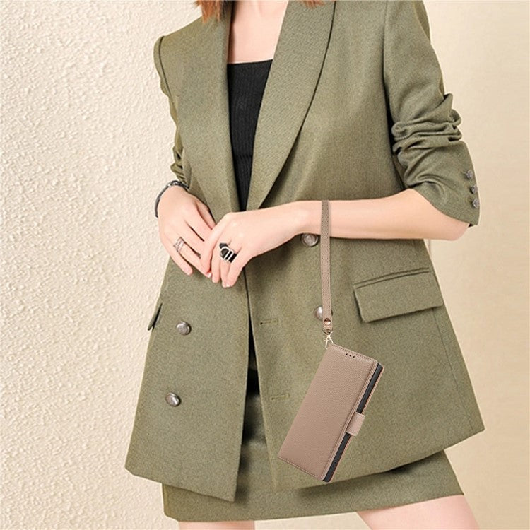 For Google Pixel 7a Leather Case with Card Holder, Straps, Shockproof Wallet Phone Cover - Khaki