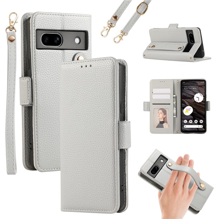 For Google Pixel 7a Leather Case with Card Holder, Straps, Shockproof Wallet Phone Cover - Grey Blue