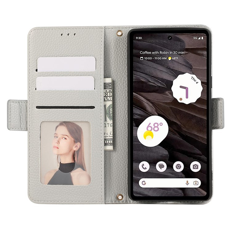 For Google Pixel 7a Leather Case with Card Holder, Straps, Shockproof Wallet Phone Cover - Grey Blue