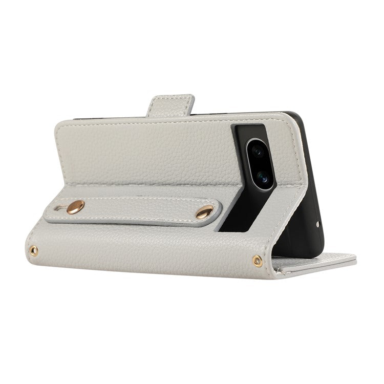 For Google Pixel 7a Leather Case with Card Holder, Straps, Shockproof Wallet Phone Cover - Grey Blue
