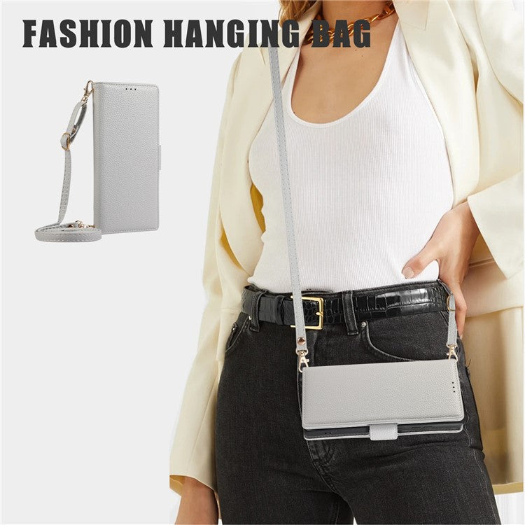 For Google Pixel 7a Leather Case with Card Holder, Straps, Shockproof Wallet Phone Cover - Grey Blue