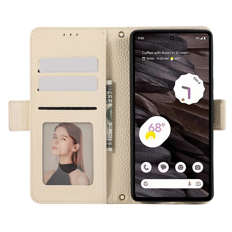 For Google Pixel 7a Leather Case with Card Holder, Straps, Shockproof Wallet Phone Cover - Beige