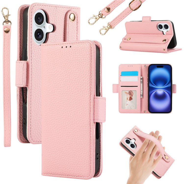 For iPhone 16 Leather Case with Card Holder, Straps, Shockproof Wallet Phone Cover - Pink