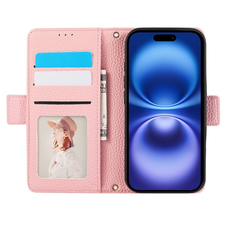For iPhone 16 Leather Case with Card Holder, Straps, Shockproof Wallet Phone Cover - Pink