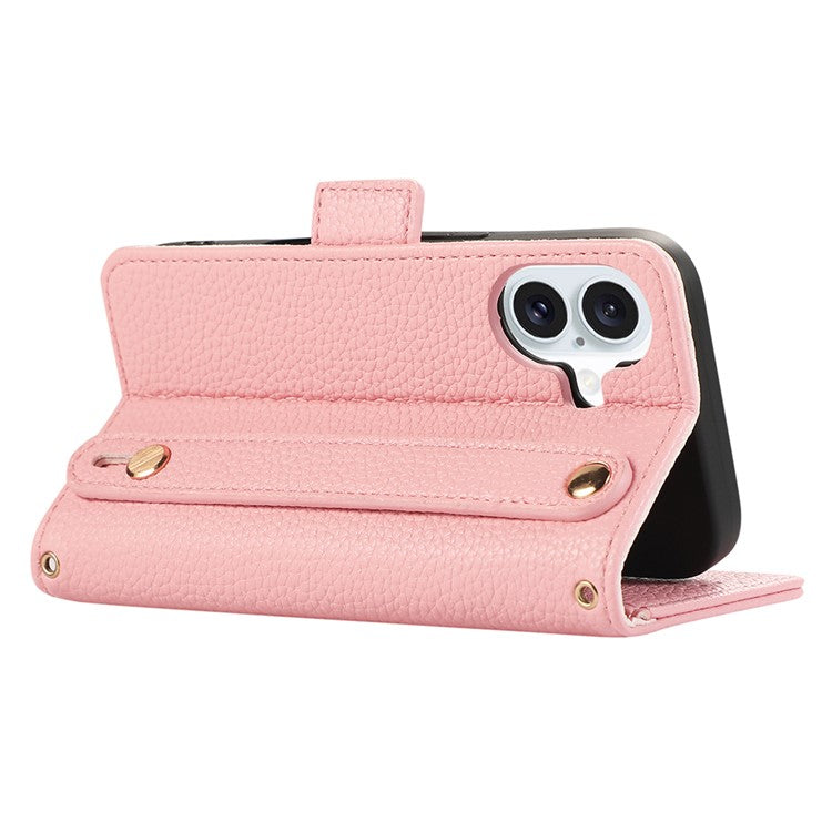 For iPhone 16 Leather Case with Card Holder, Straps, Shockproof Wallet Phone Cover - Pink