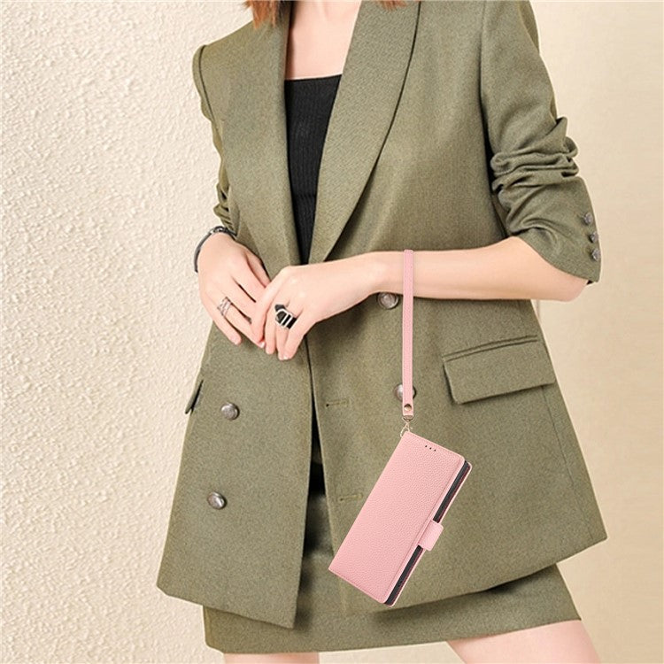 For iPhone 16 Leather Case with Card Holder, Straps, Shockproof Wallet Phone Cover - Pink