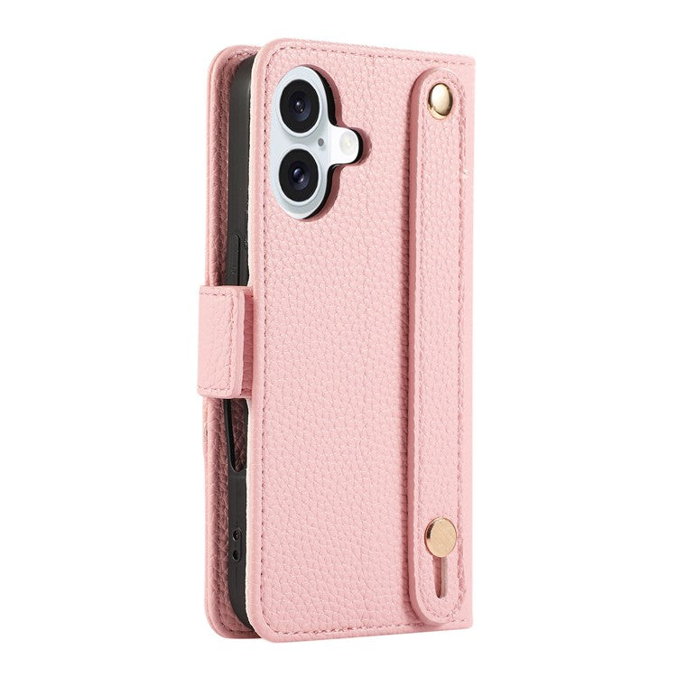 For iPhone 16 Leather Case with Card Holder, Straps, Shockproof Wallet Phone Cover - Pink