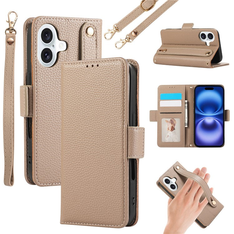 For iPhone 16 Plus Leather Case with Card Holder, Straps, Shockproof Wallet Phone Cover - Khaki