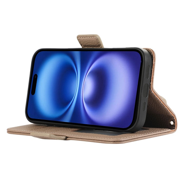 For iPhone 16 Plus Leather Case with Card Holder, Straps, Shockproof Wallet Phone Cover - Khaki